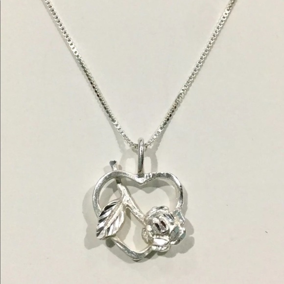 Sterling Silver Single Rose with Heart Necklace - Picture 1 of 2